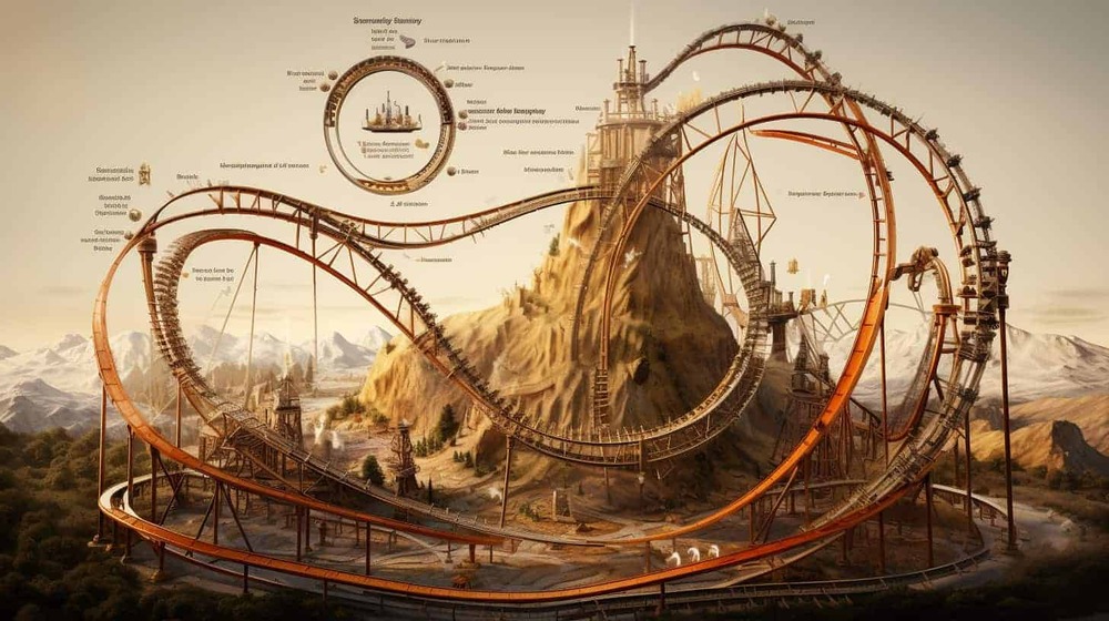 an imaginary rollercoaster on a surreal landscape