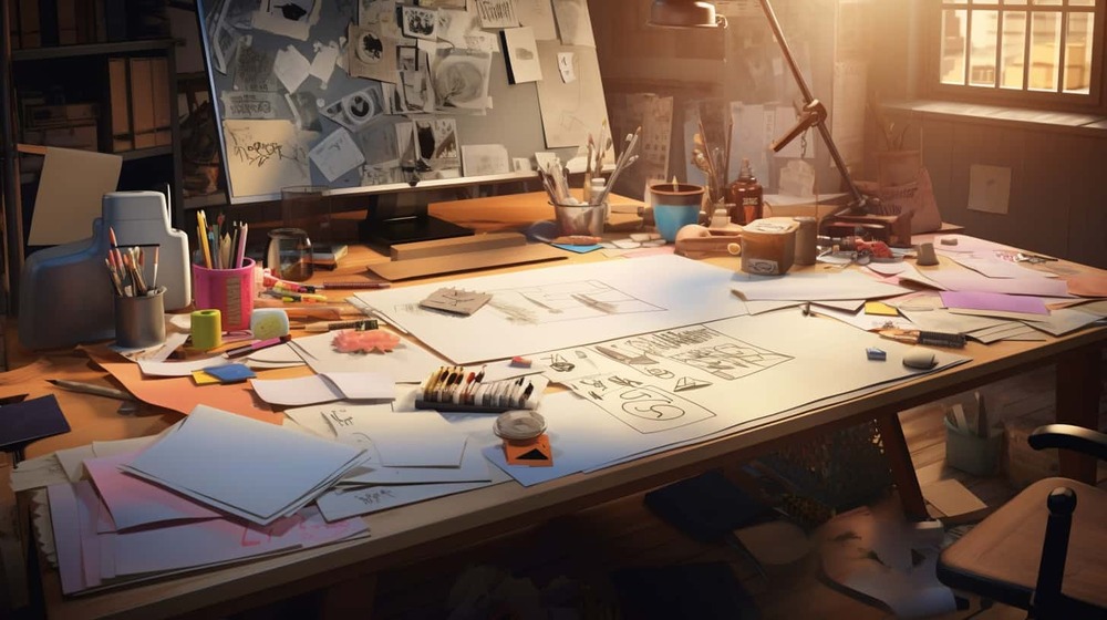an art director's cluttered desk
