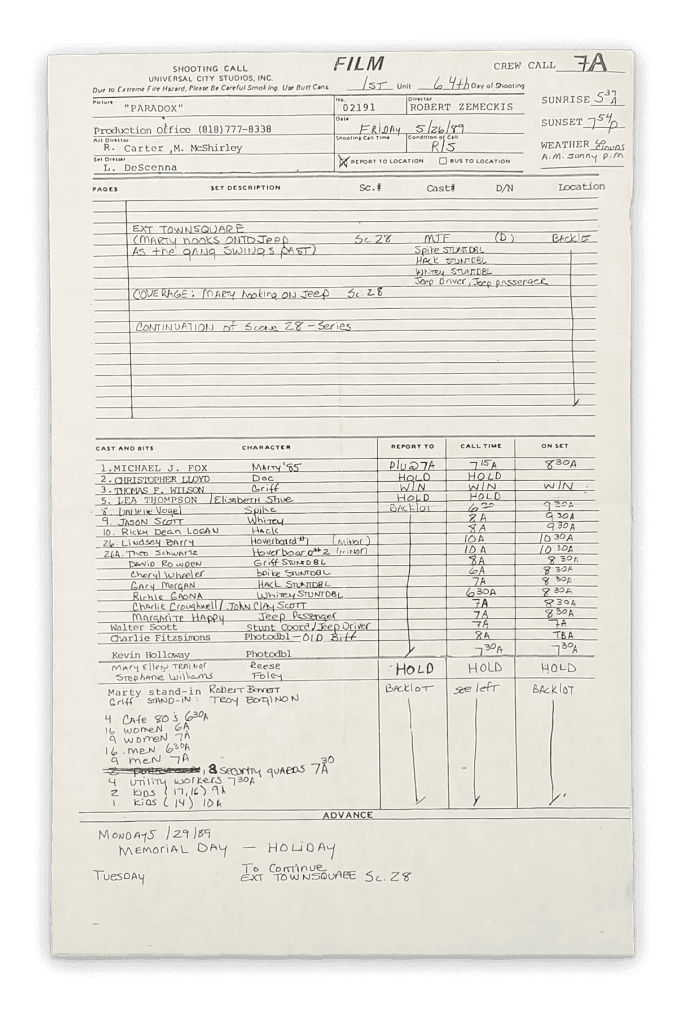 Back to the Future II call sheet (c/o heroprop.com)