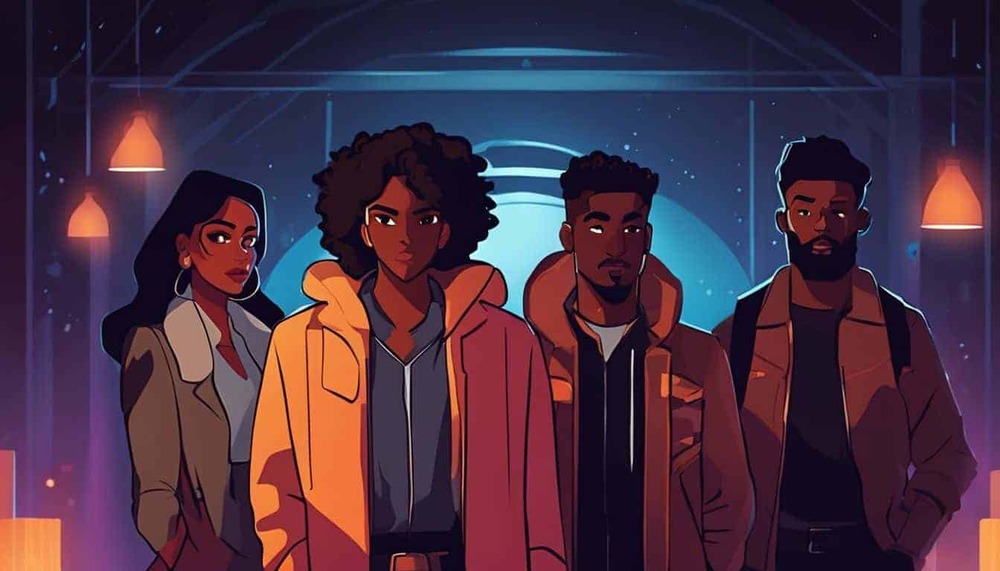 Diverse group of characters in a mysterious, suspenseful setting.