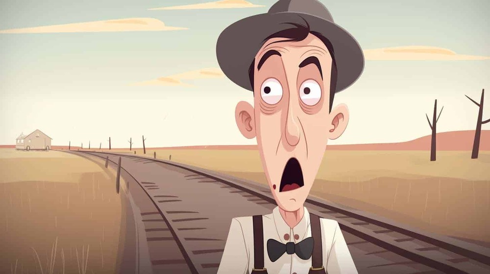 an illustration of a scared man standing on railroad tracks
