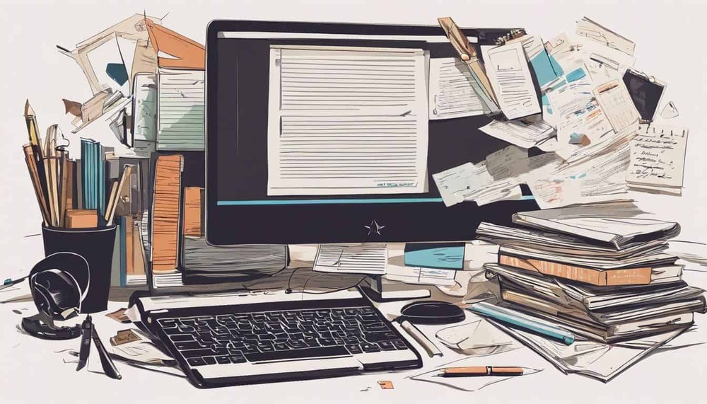 A cluttered desk with scattered papers and a laptop showing a script.