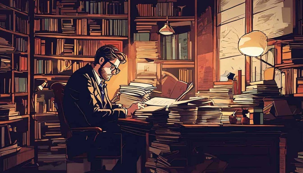 A screenwriter in their 30s deeply focused on writing a screenplay.