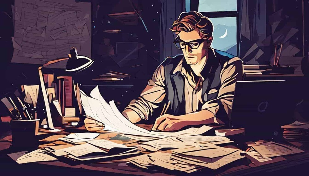 A determined screenwriter crafting a film treatment in a cluttered room.