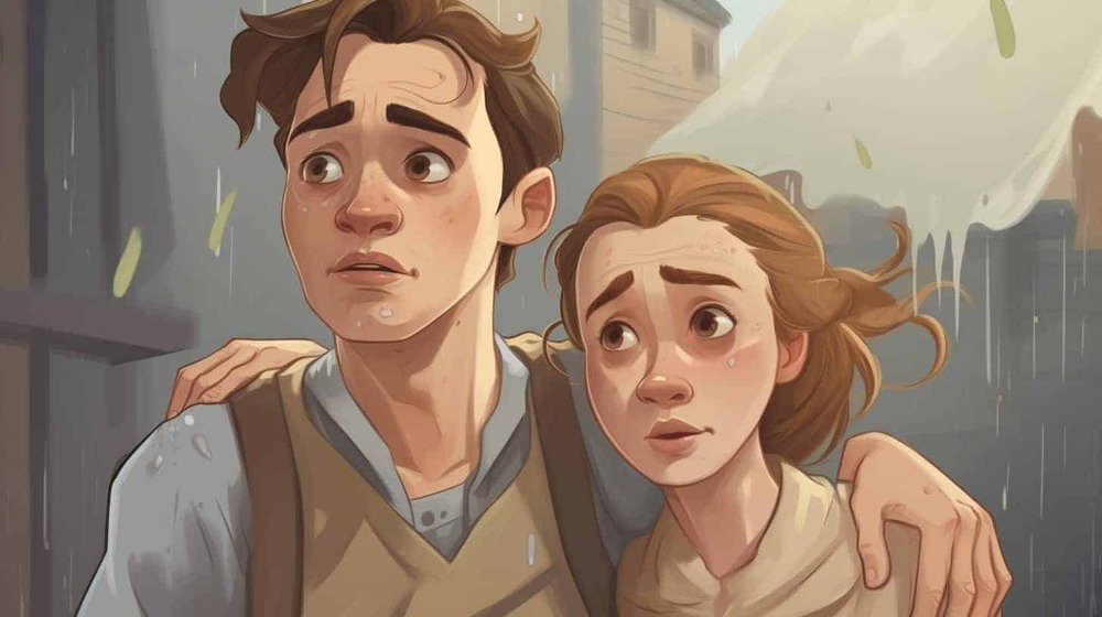 an illustration of a man and woman walking in the rain