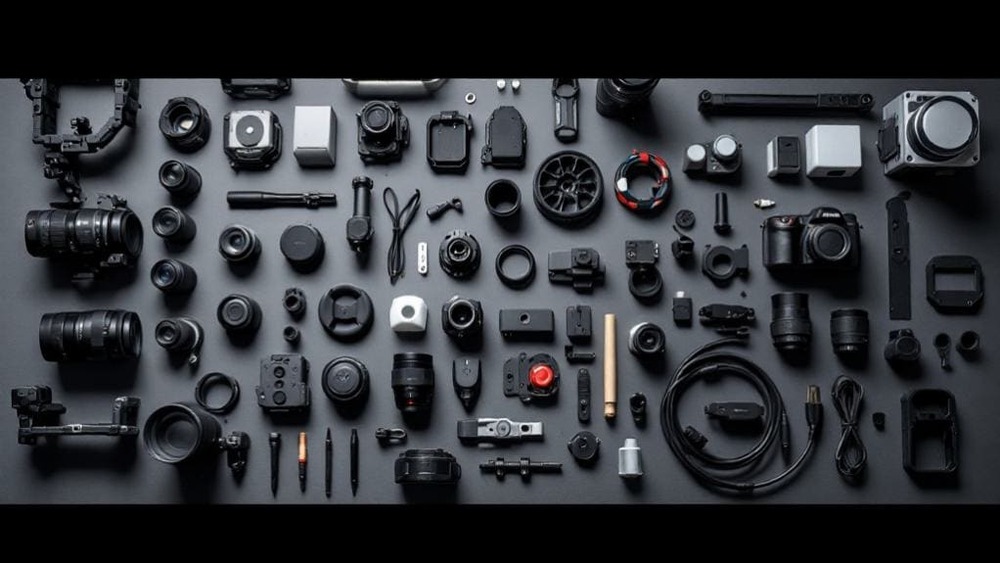 camera gear laid on a dark gray table
