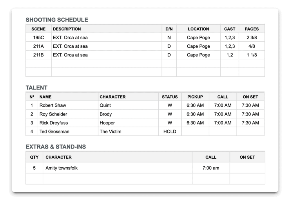call sheet shooting schedule
