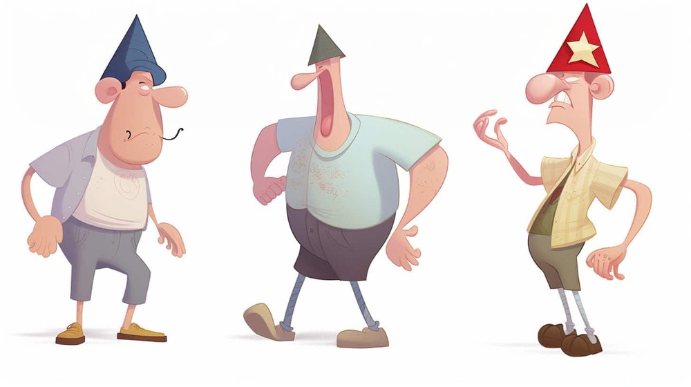 an illustration of 3 bizarre men with small hats on their heads