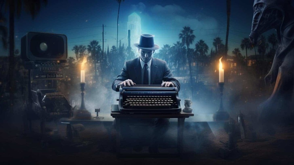 a ghostly figure standing behind a typewriter