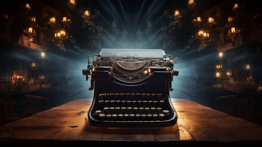 a ghostly typewriter sitting on a wooden desk