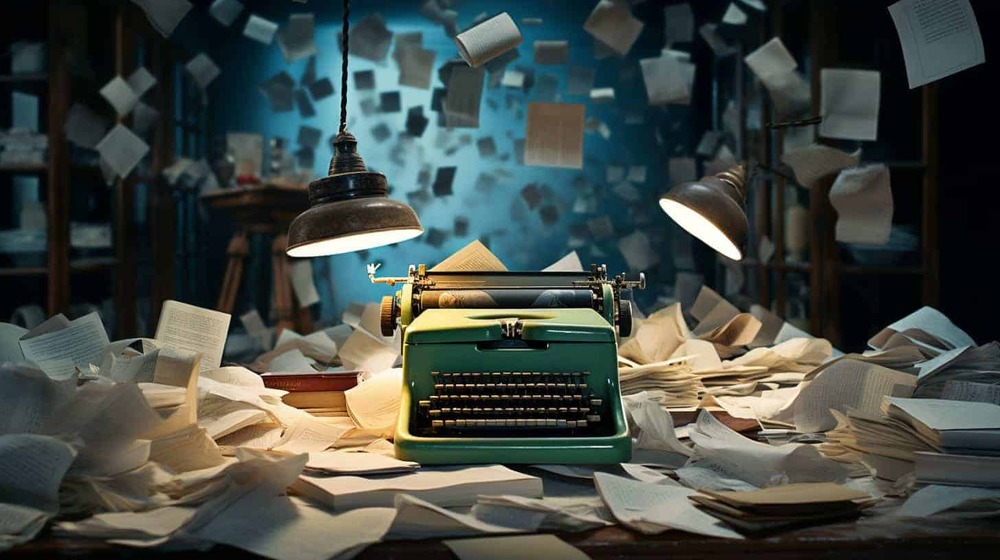a typewriter surrounded by thousands of pages of paper