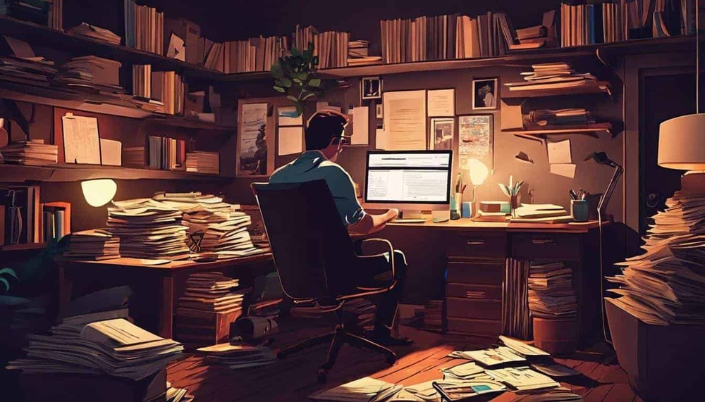A filmmaker in their cluttered home office crafting a film treatment.
