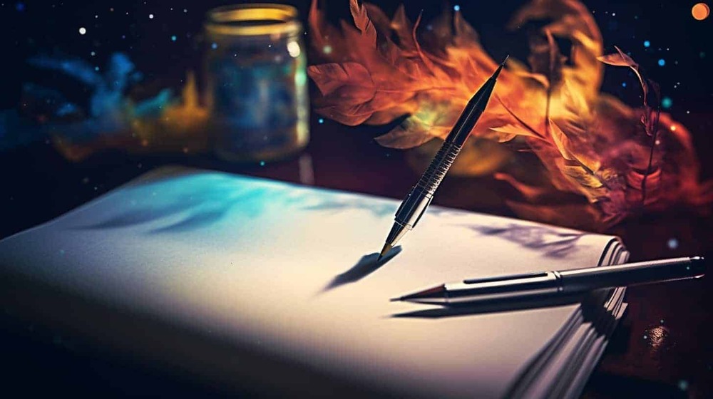 a pen writing in a notebook