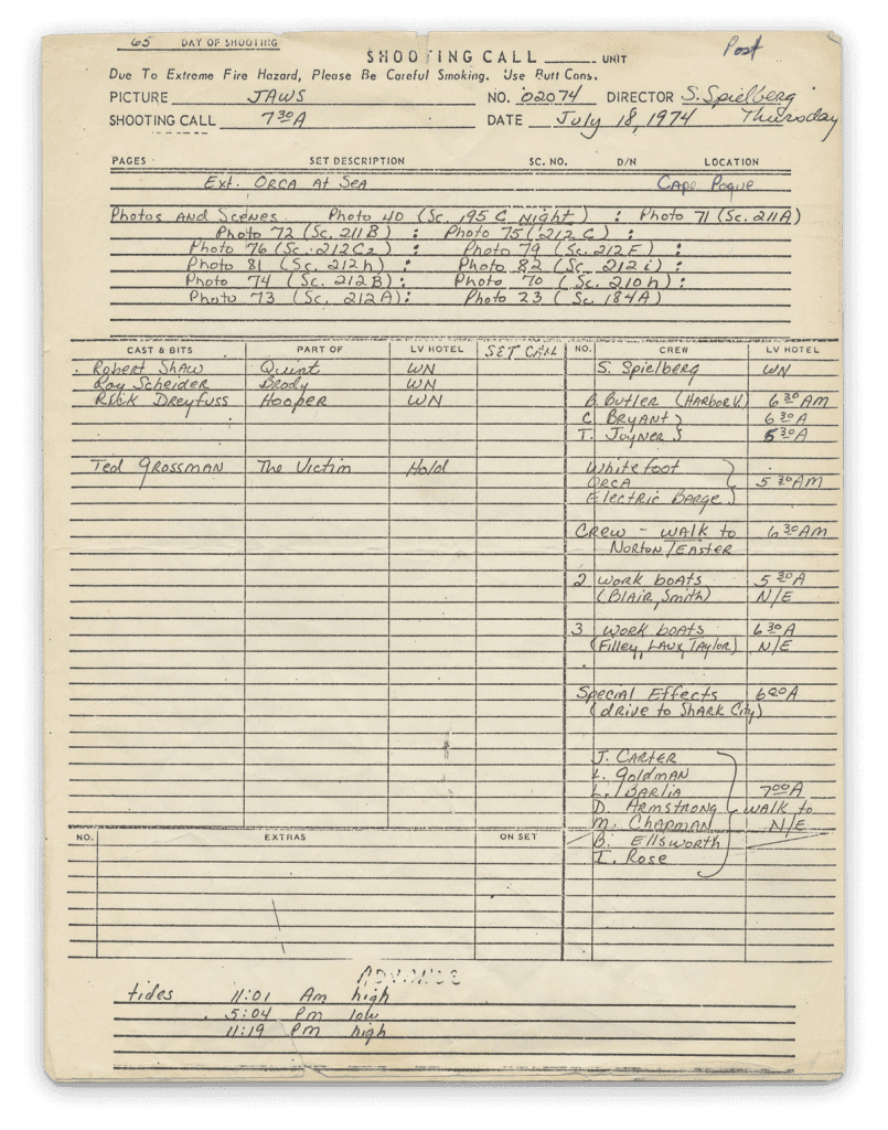 Call sheet from Jaws (c/o natedsanders.com)