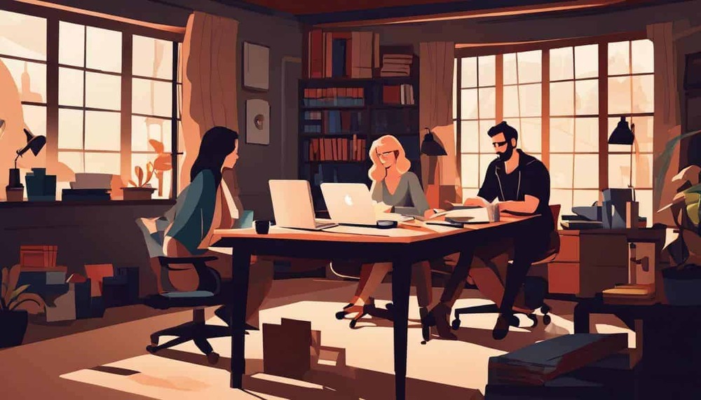 A man and a woman in their 30s are discussing a film project at a cluttered desk.