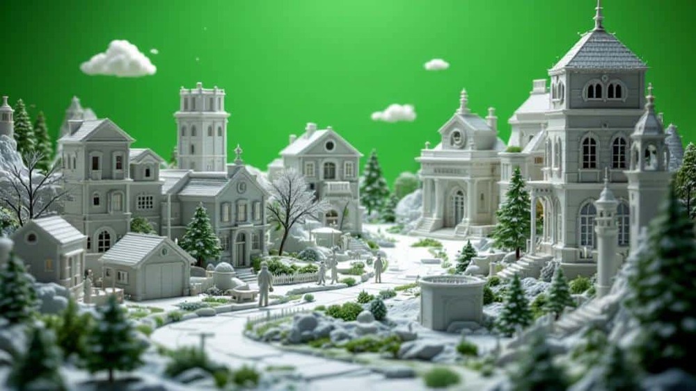 3d printed miniature village in front of a green screen