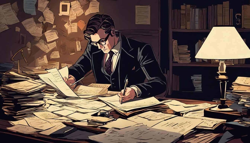 A male screenwriter in his 30s crafting a film narrative at his cluttered desk.