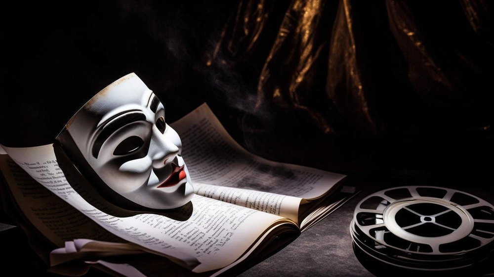 a theater mask sitting on a script across from a film reel