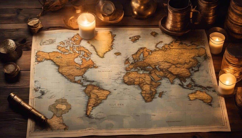 A weathered old map on a dusty wooden desk in dim light.