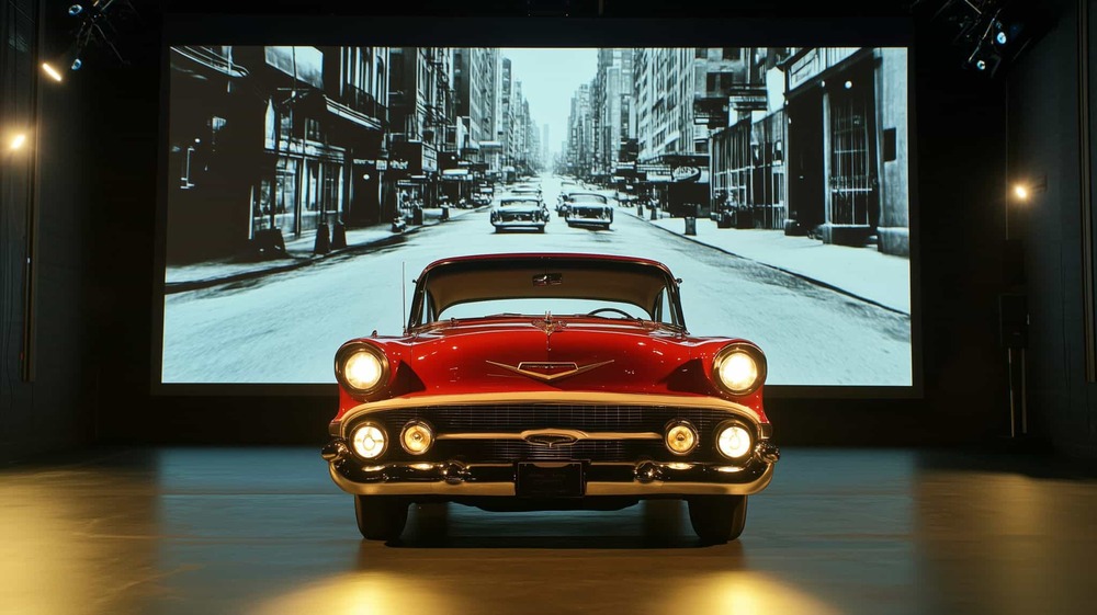 a classic car in front of a rear projection screen