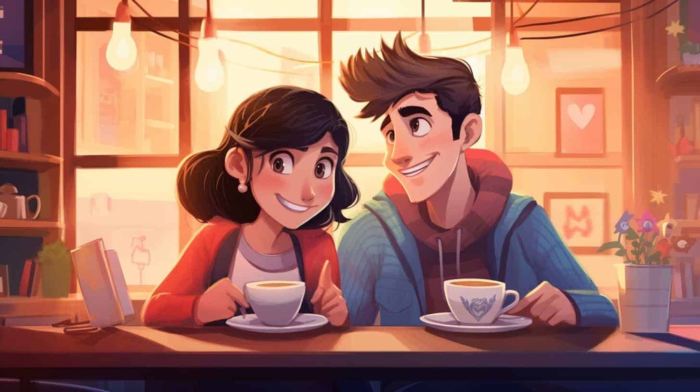 an illustration of a happy couple drinking coffee in a cafe