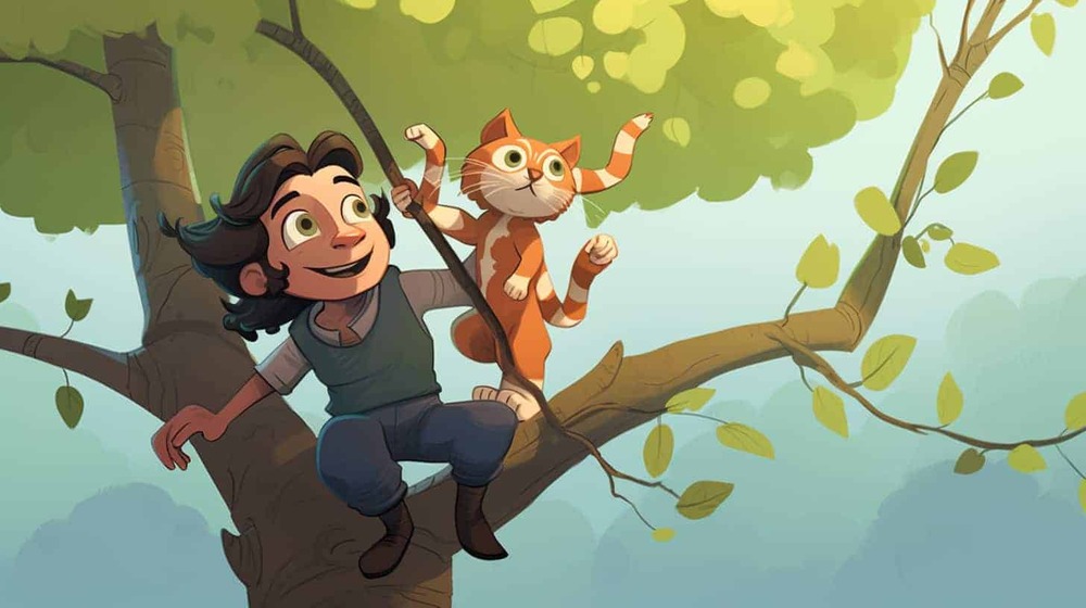an illustration of a man and a cat in a tree