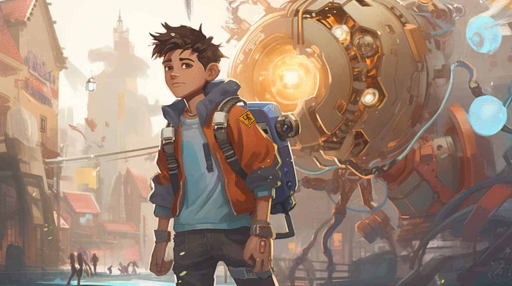 an illustration of a young man in a futuristic environment