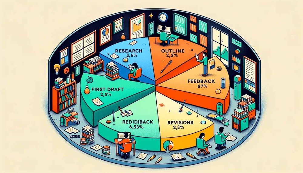  illustration of a pie chart set against a backdrop of a writer's study. The pie chart is divided into sections representing the time breakdown