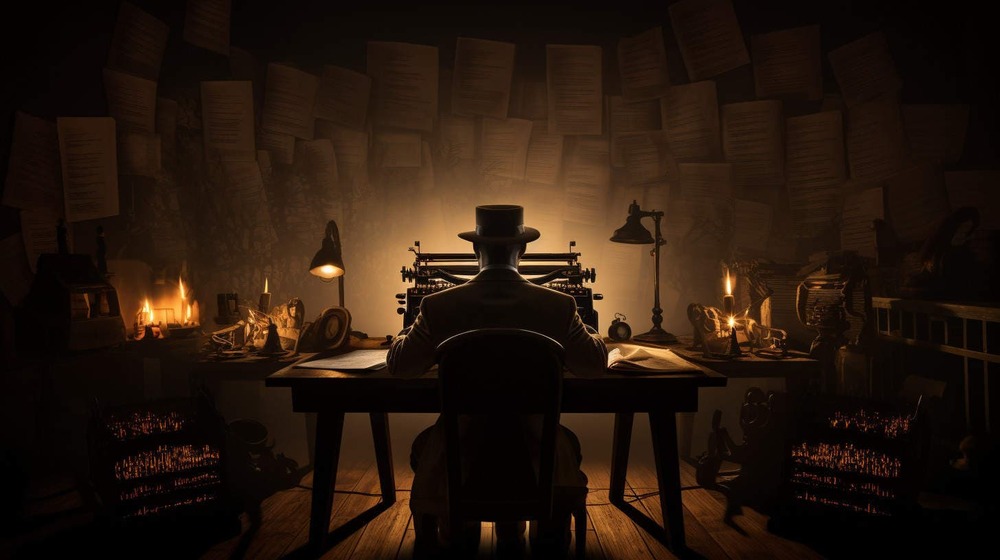 A shadowy figure sitting at a typewriter at a desk