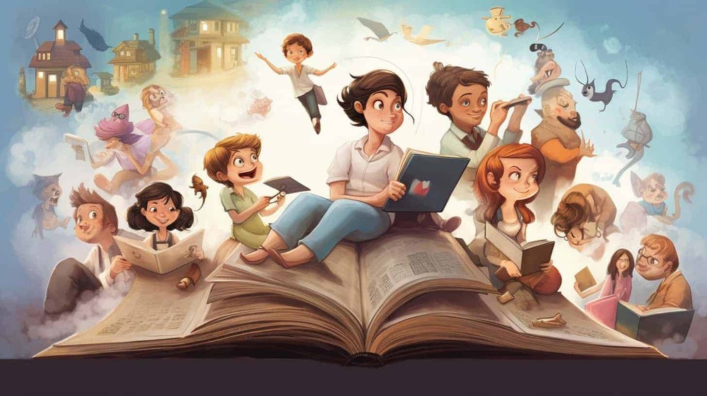 an illustration of a diverse group of characters sitting on an open book