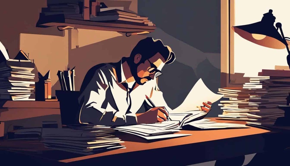 A writer deeply focused at cluttered desk in dimly lit room.