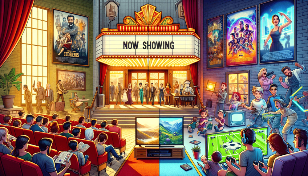 Illustration of a collage that divides the canvas into three distinct sections. On the left, a grand cinema hall with a marquee displaying 'Now Showing'