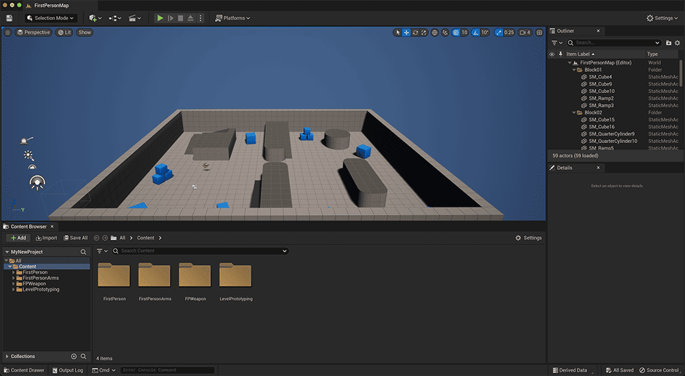 _The default layout for the Level Editor in Unreal Engine 5. Content Browser at the bottom, viewport above, and Outliner to the side._