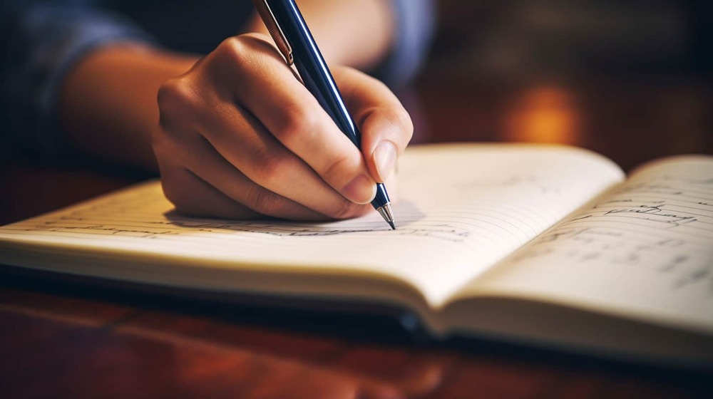 a hand writing in a notebook