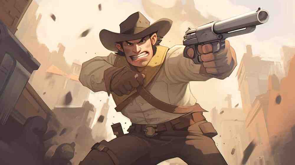 an illustration of a cowboy in the wild west aiming his gun