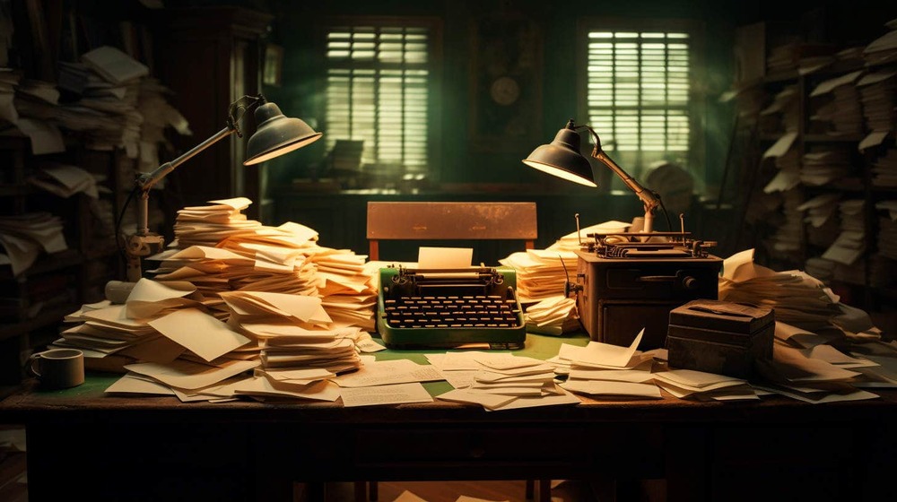 typewriter on a desk cluttered with paper