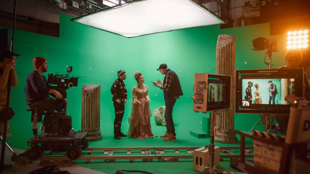 film production on a green screen stage