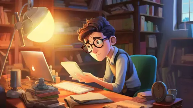 an aspiring screenwriter learning at their desk