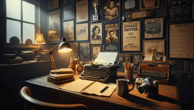 A photograph of a cozy study room illuminated by ambient light. The focus is on an antique wooden desk with a typewriter, a script with notes on dialogue.