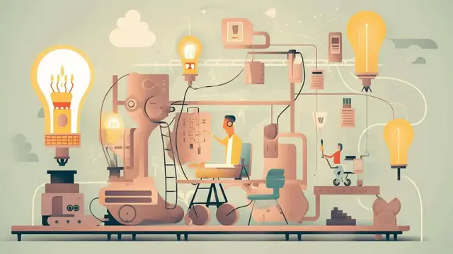 an illustration of a screenwriter operating a complex machine