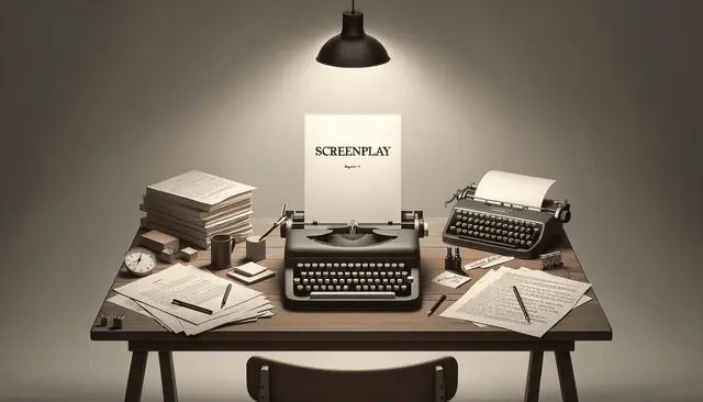 illustration of a minimalist writer's workspace with a clean wooden desk against a plain backdrop. Centered on the desk is a newly completed screenplay