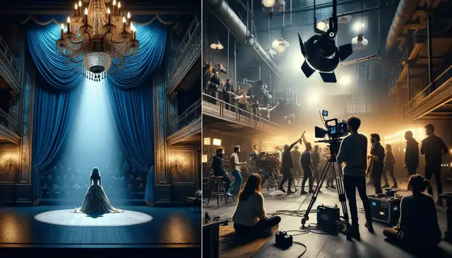 A photo showing a juxtaposition_ on the left, a theater stage with deep blue curtains, a spotlight revealing an actor in a dramatic pose