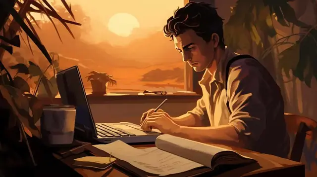 An illustration of a screenwriter working at their desk