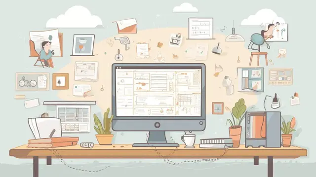 a screenwriter's desk with a computer and various floating apps